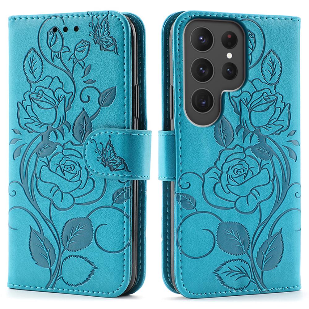 

For Samsung Galaxy S24 Ultra Case Wallet Stand Imprinted Rose Butterfly PU Leather Phone Cover Blue