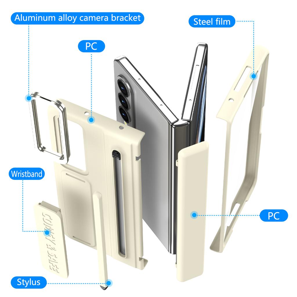 Folding Case with Stylus for Samsung Z Fold 4 5 6 7 Aluminum Alloy Lens Frame Holder Silicone Built-in Strap Glass Screen Film