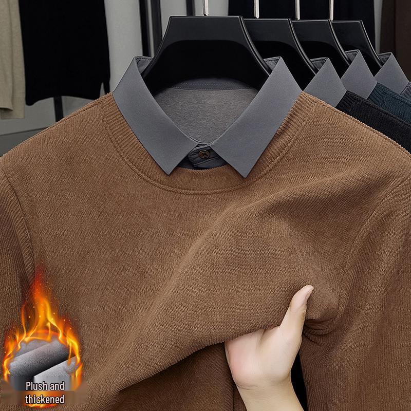 Woodpecker Men's Winter Two-Piece Sweater with Velvet Lining - Thick, Warm, Casual Shirt Collar for Middle-Aged Dads