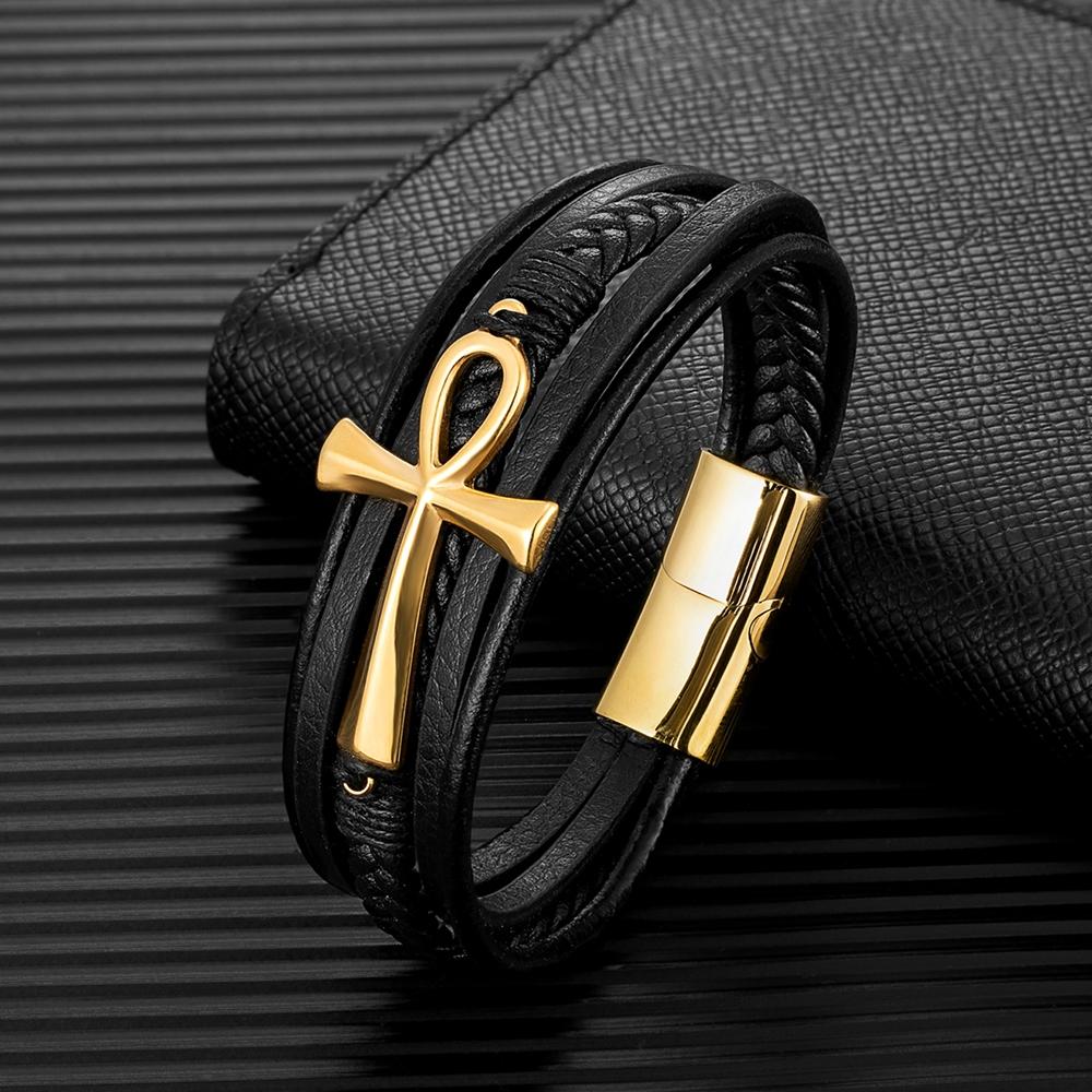 Simple Classic Cross Egyptian Ankh Life Symbol Antique Multilayer Leather Bracelet Men 316L Magnetic Clasp Wrap Bangle