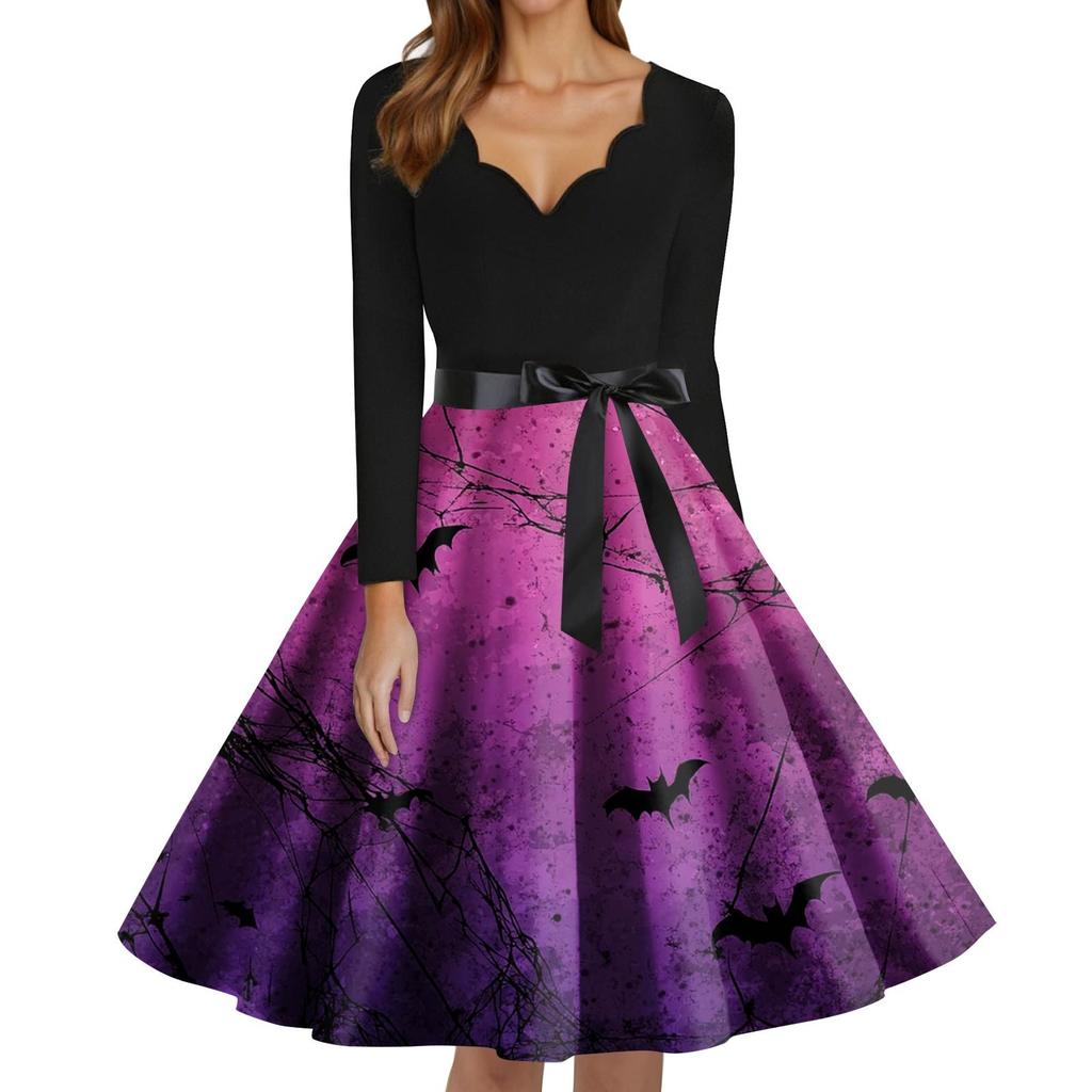 Women's Fashion V-Neck Casual Slim Fit Halloween Printed Long Sleeve Dress