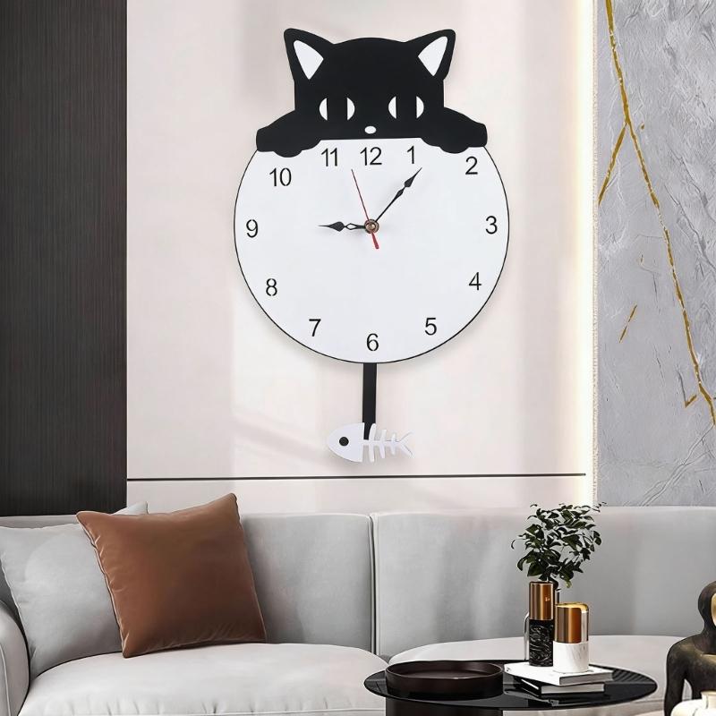 Quiet Movement Acrylic Pendulum Wall Clock with Funny Cats Fish Design Arabic Numerals for Living Room Bedroom Decors