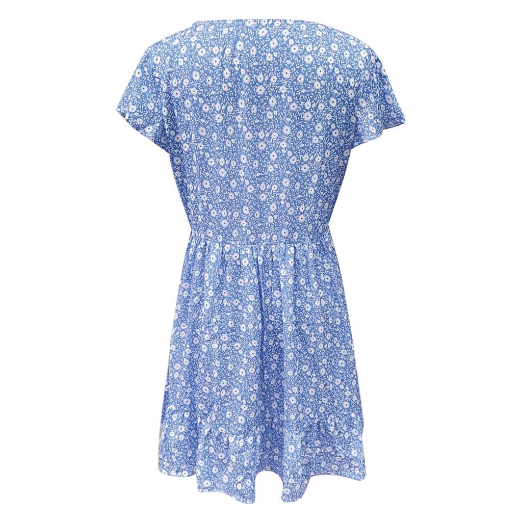 Fashion Women V Neck Button Floral Dress Short Sleeve Loose Casual Dress