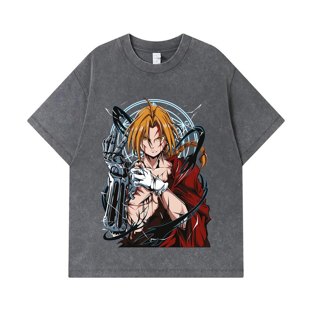 275 GSM Washed T-shirts 100% Cotton Fullmetal Alchemist V6 Edward Print Unisex Heavy Cotton T Shirt