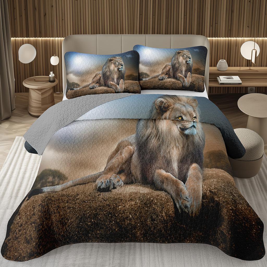 Lion Bedspread Twin King Safari Wild Aninal Coverlet Western Farmstyle Quilt Set Soft Luxury Reversible Grey Quilted Bedding Set