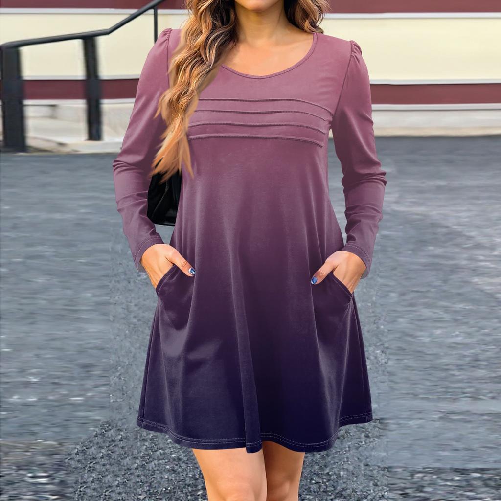 Women's Long Sleeve Dress Fall Casual T Shirt Loose Fit Pleated Front Dresses With Pockets