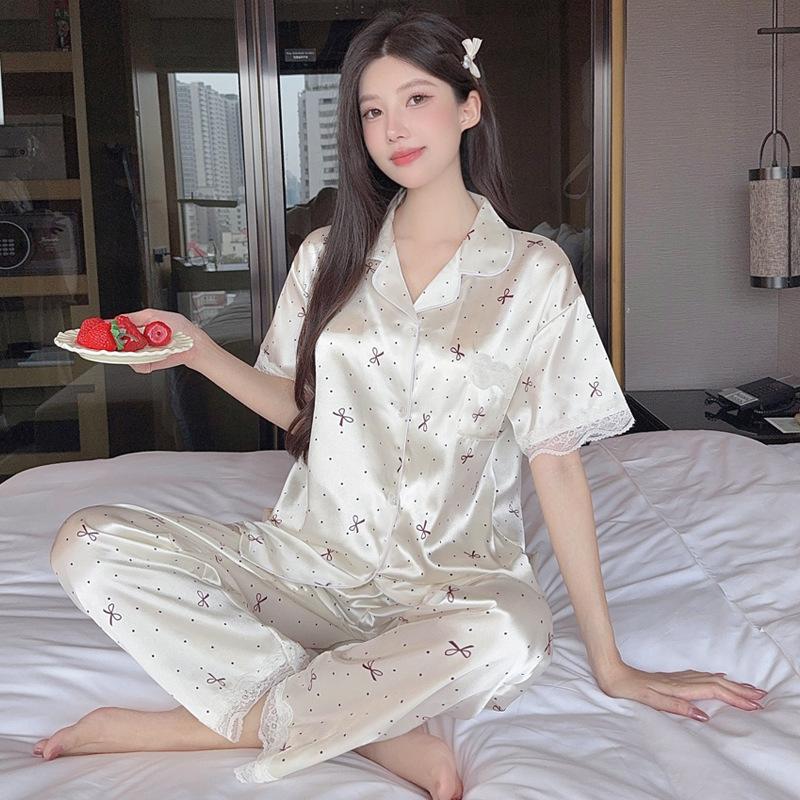Sweet And Cool Girl Ice Silk Pajamas Women'S Summer Short-Sleeved Trousers Casual Lazy Style Loungewear Can Be Worn Outside