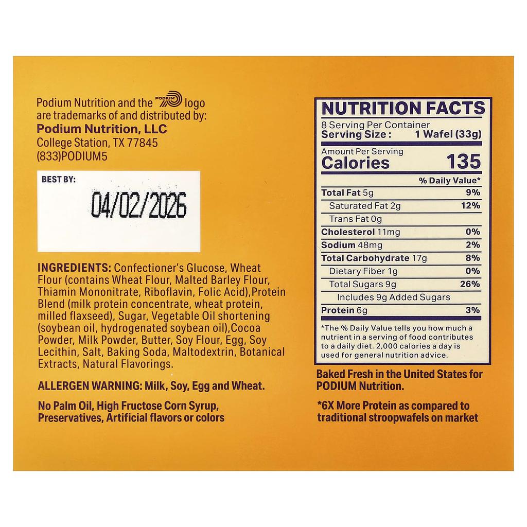 Podium Nutrition, Protein-Stroopwafels, Schokoladen-Brownie, 8 Waffeln, 33 g (1,16 oz) Jeder