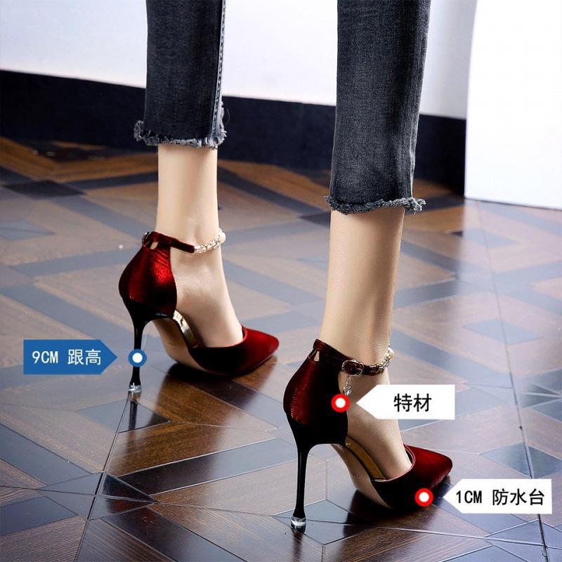 Red-soled high heels, sexy satin one-word buckle pointed rhinestones, red spring stiletto dress women's single shoes