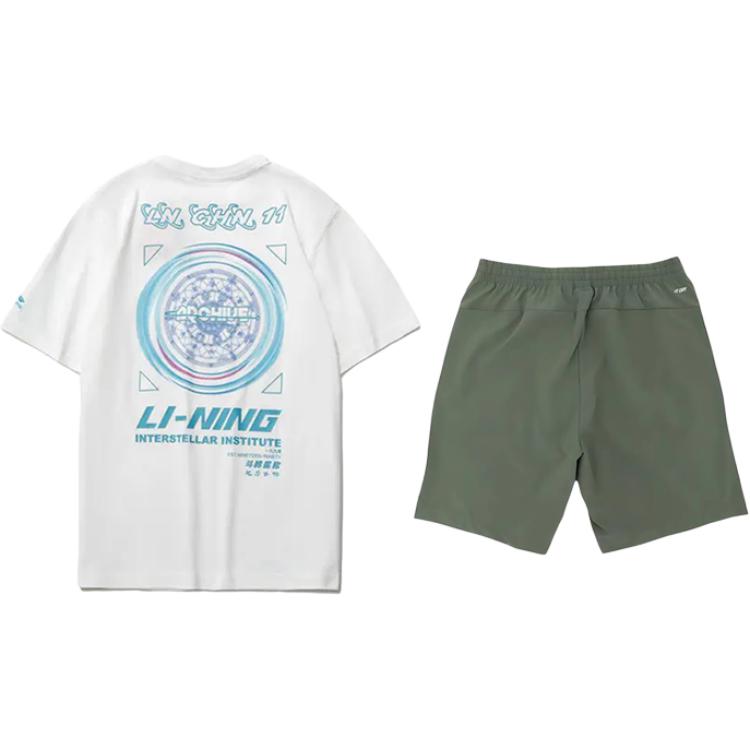 Li Ning Dazzling Star Shift Letter Print Fashion Trendy Versatile Round Neck Pullover Short Sleeve T-Shirt Casual Sports Set AHSU969-3+YKSV147-1