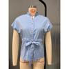 Women's Summer Shirts Short-sleeved Chiffon V-neck Button Elegant Belt Shirt