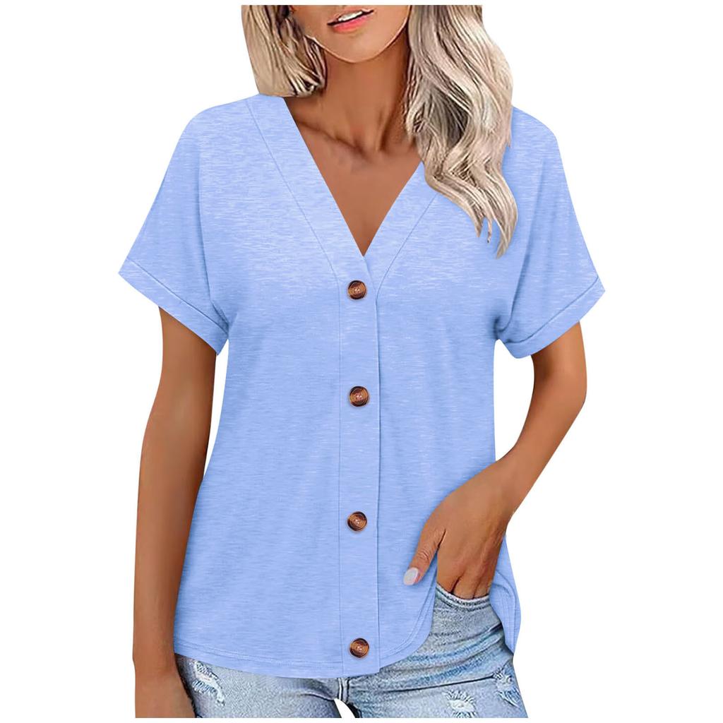 Europe, America Spring and Summer New Solid Color Button Loose Short-sleeved Top T-shirt Women's Spot