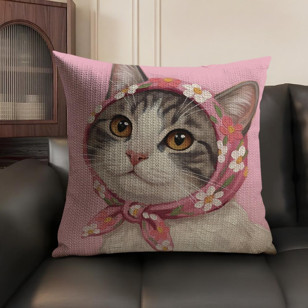 Art Cat Cute Cushion Cover Summer Breathable Linen Organic Fabric Double-Sided Printing Sofa Pillow Case Home Decor