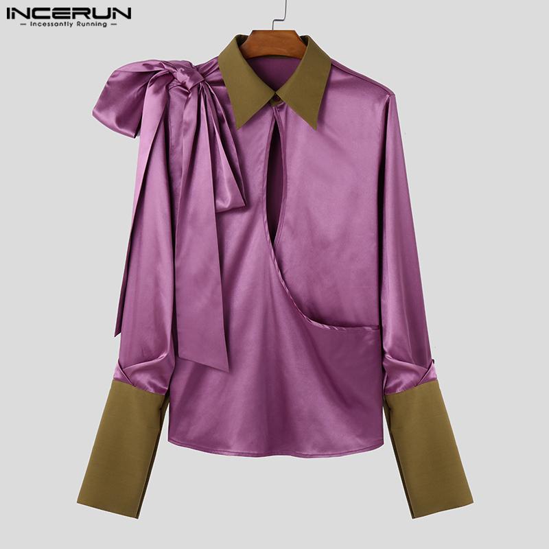INCERUN Männer Frühling Rüschen Bandage Langarm Tops Casual Nähte Offene Front Shirts
