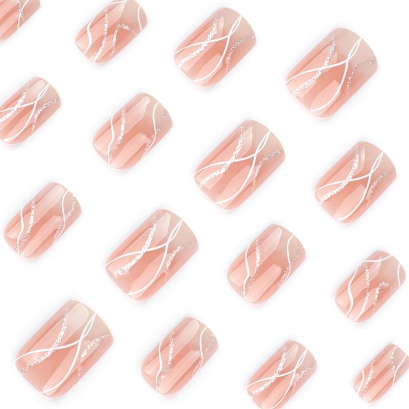 24 Pcs French Tip Stick On Nail Glossy False Nail Short Square Press On Nail White Wavy Lines Artificial Nail