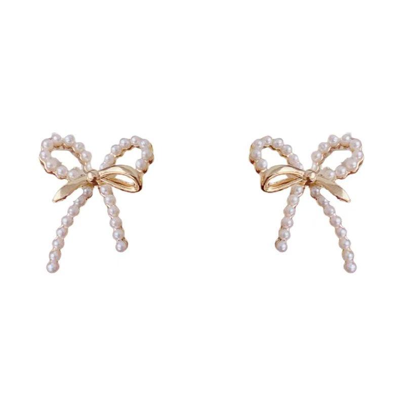 French High-End Pearl Bow Earrings - Niche Design