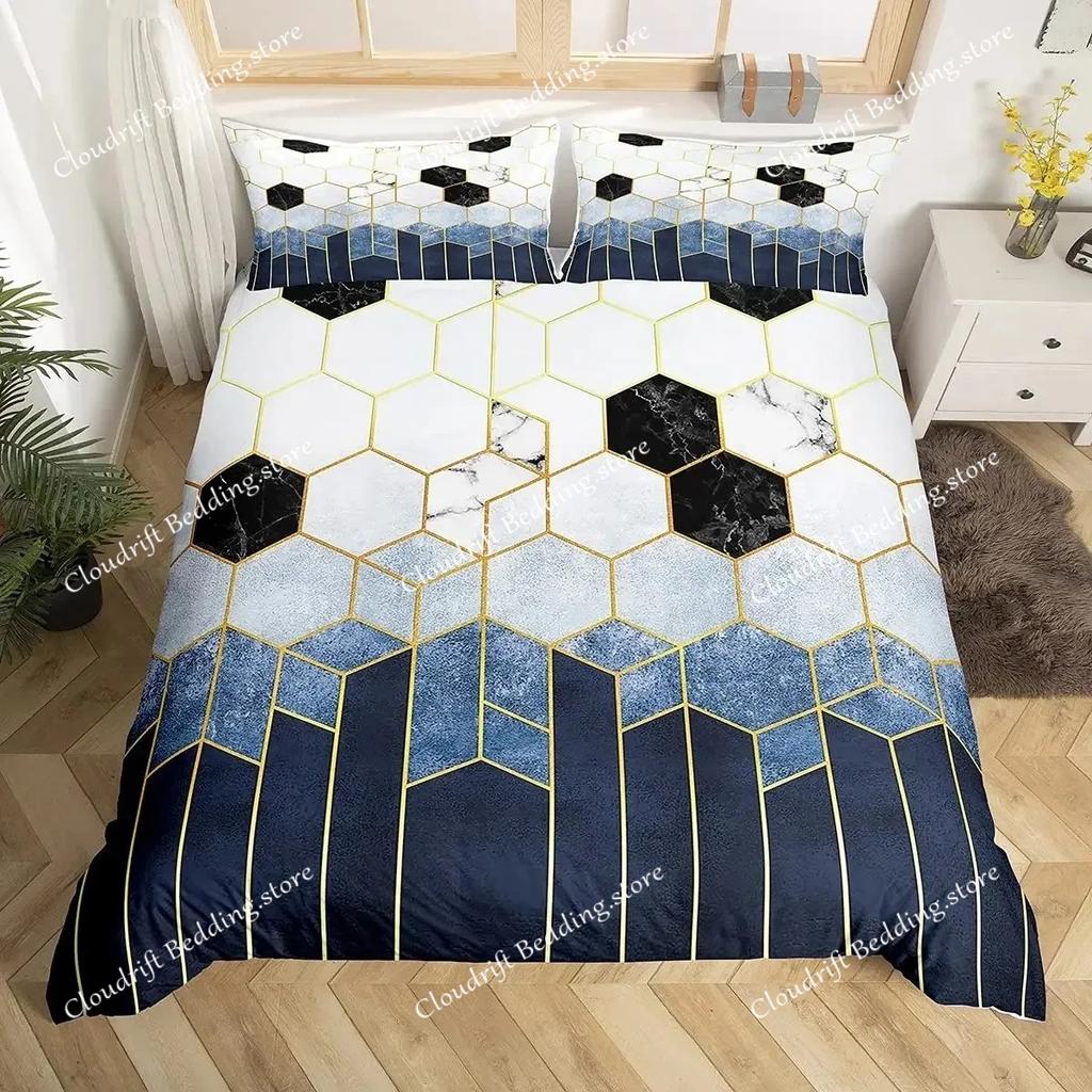 Geometric Duvet Cover Multicolor Honeycomb Hexagon Bedding Set Geometric Theme Metal Texture Streamline Polyester Qulit Cover