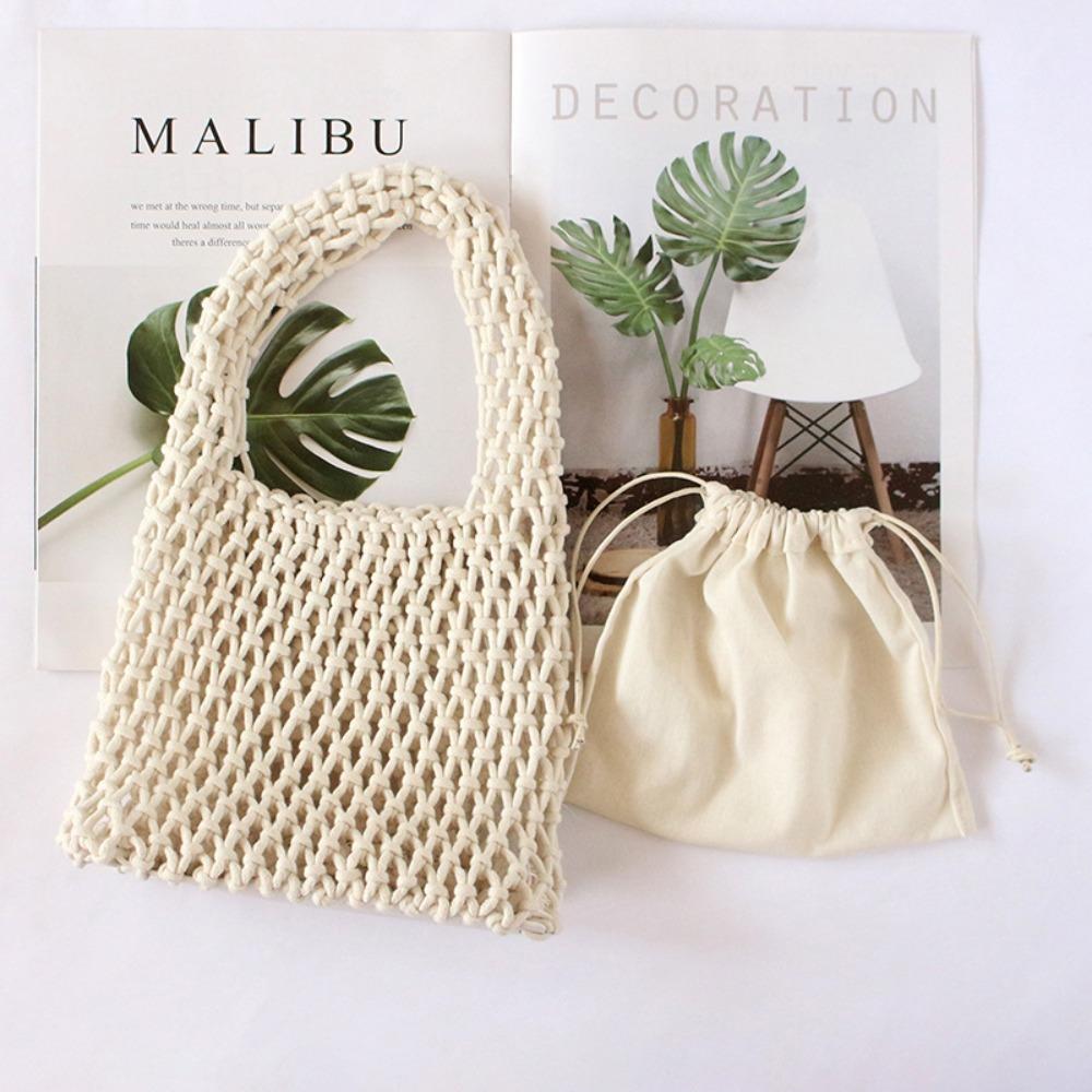 Nieuwe Hand Geweven Tote Tassen Kleurrijk Effen Breien Haken Strandtas Lichtgewicht Gevlochten Mesh Schoudertas Cadeaus beige