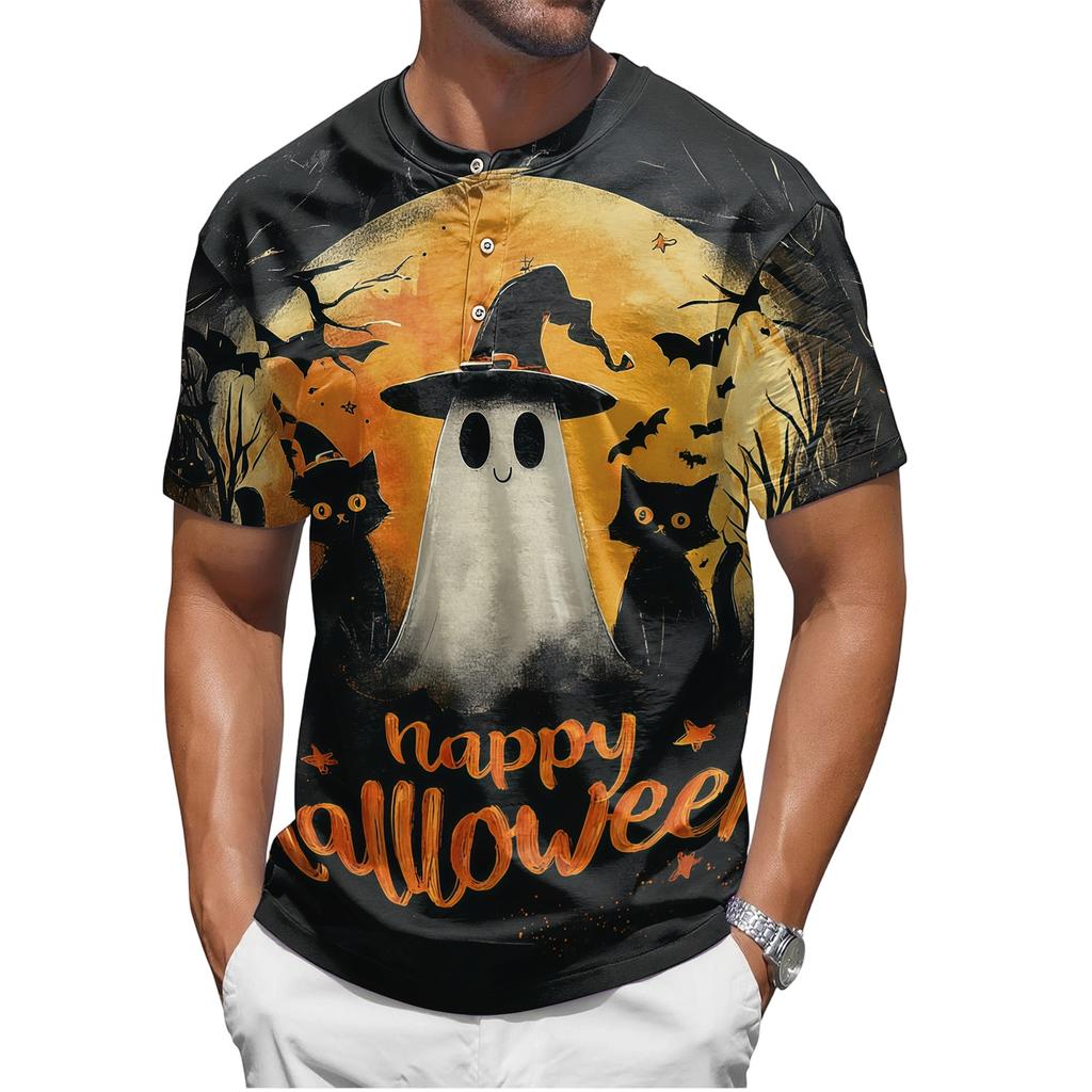 Mens Halloween Print Crew Neck Short Sleeve T Shirt Soft Fabric Casual Fit Pumpkin Pattern Comfortable Top