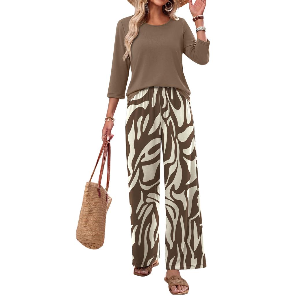 Women Casual Loose Fit Printed Three Quarter Sleeve Round Neck Top with Wide Leg Pants Two Piece Set Comfortable Relaxed Fit
