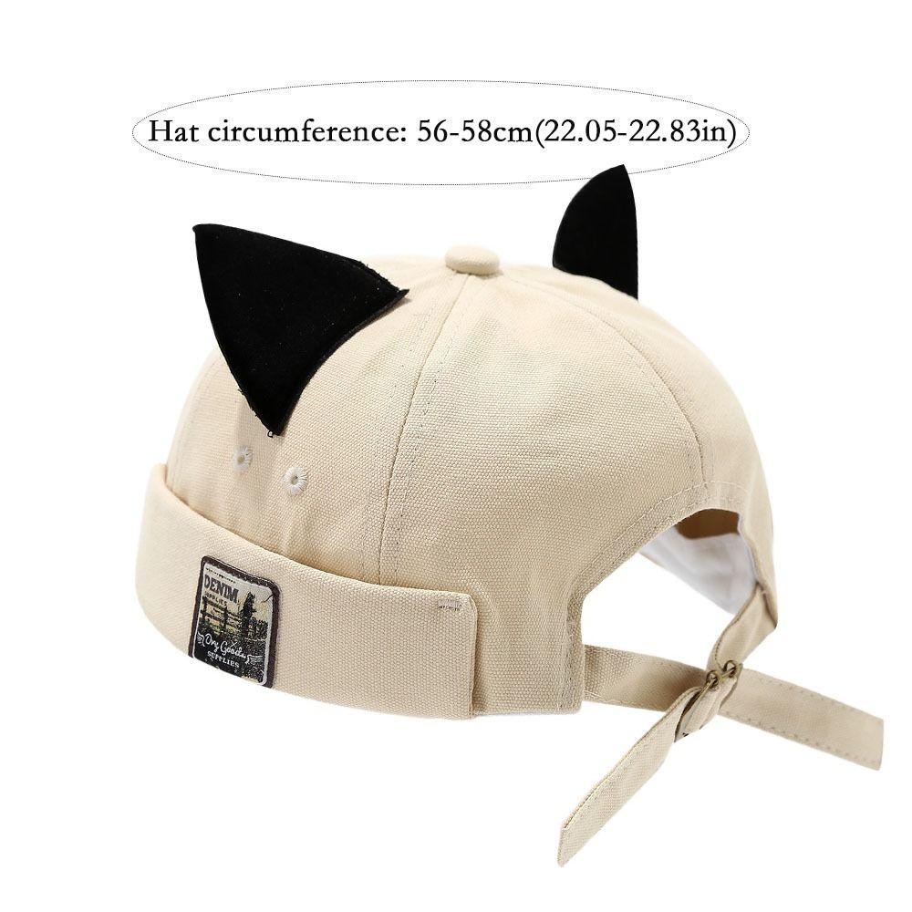 Adjustable Hip Hop Melon Docker Cap Cute Cat Ears Brimless Hat Rolled Cuff Solid Color Retro Skullcap Outdoor Daily