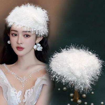 French Retro Small Hat with Feathers and Black Hairpin To Look Youthful