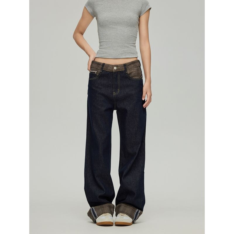 Black of Exit American Retro Color-Blocked Cuffed Hem Long Pants Trendy Brand Original Color Straight-Leg Jeans