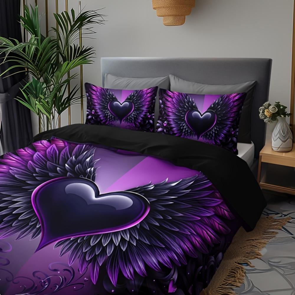 3pcs Black Purple Beding Set Love Heart Wing Print Cozy Soft Duvet Cover Set King Quen Twin Single Sized Dimensions Birthday Gift Bedrom Decor