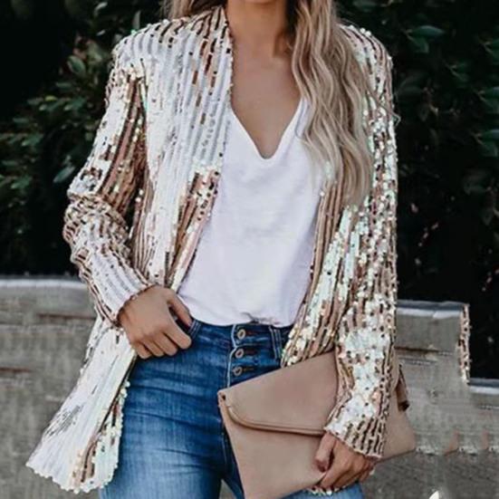 Turn-down Collar Wear-resistant Stylish Cardigan Shiny Sequin Charming Autumn Blazer Women Coat