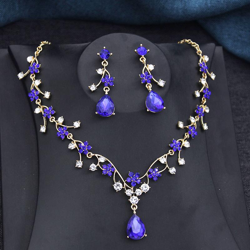 Rhinestone Water drop Flower Bridal Jewelry Sets for Women Earring and Choker Necklace Set Wedding Jewelry Sets 3 Pcs Set Gifts