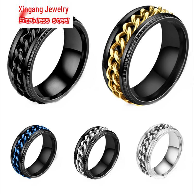 Stainless Steel Roman Numeral Rotating Ring - Titanium Chain Band