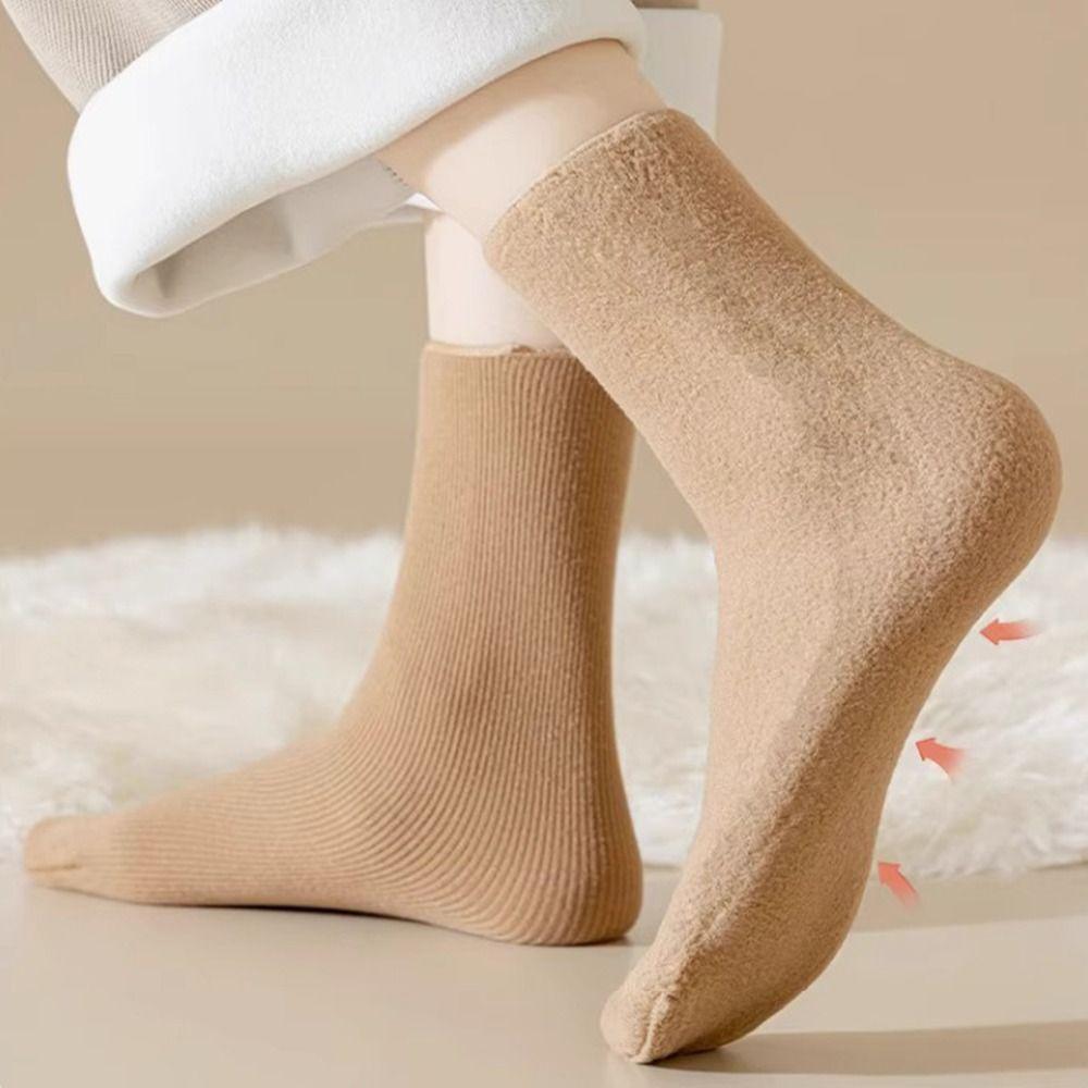 Solid Color Thick Plush Snow Sock Middle Tube Mid Length Sock Velvet Floor Hosiery  for Women Mens