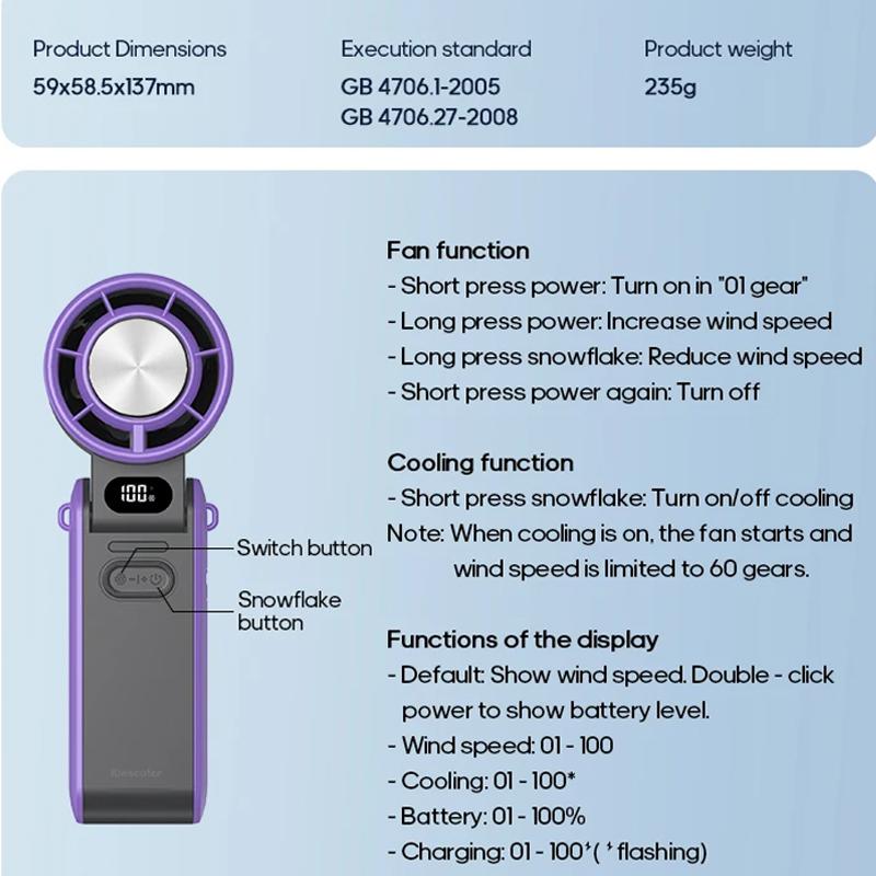 Outdoor Foldable Portable Handheld Fan Mini Cooling Rechargeable 3600mAh 100-level Free Control High Speed Turbo Fan