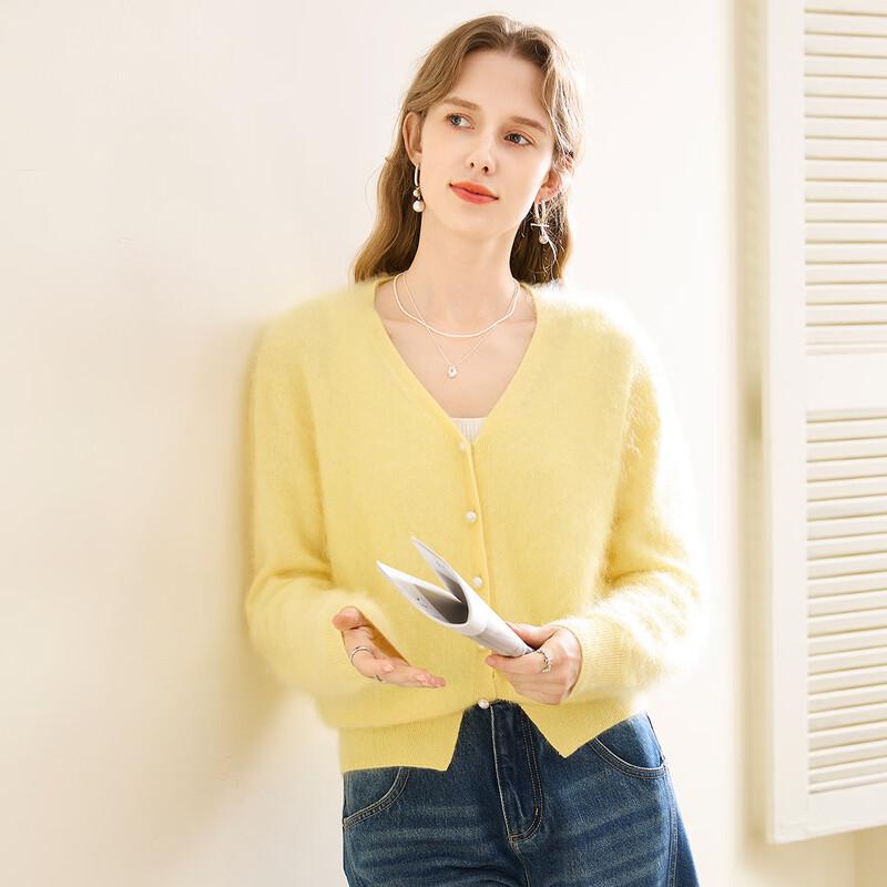 TUHUANG Women's Pure Cashmere V-Neck Loose Knit Cardigan