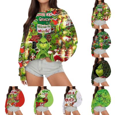 Women's Casual Fashion Christmas Print Long Sleeve Knit Sweatshirt Top