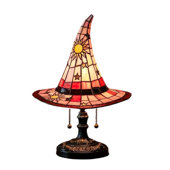 Stained Glass Style Witch Hat Lamp, USB Powered Resin Wizard Hat Night Light with Sun Star, Gothic Halloween Table Lamp for Bedroom Bookshelf Mantel