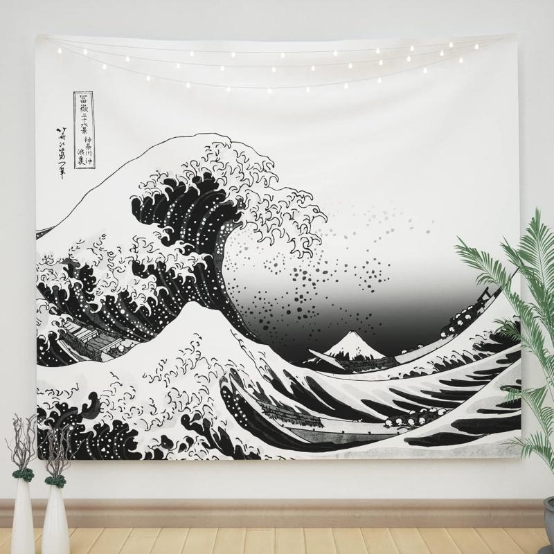 VIKAMA The Great Wave Off Kanagawa Black White Tapestry Japanese Ukiyoe Art Wall Hanging for Living Room Bedroom Study Decor