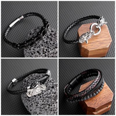 Punk Leder Wolfskopf Armband Handgewebtes Perlenarmband Herren Persönlichkeit Zykluskette Handschmuck