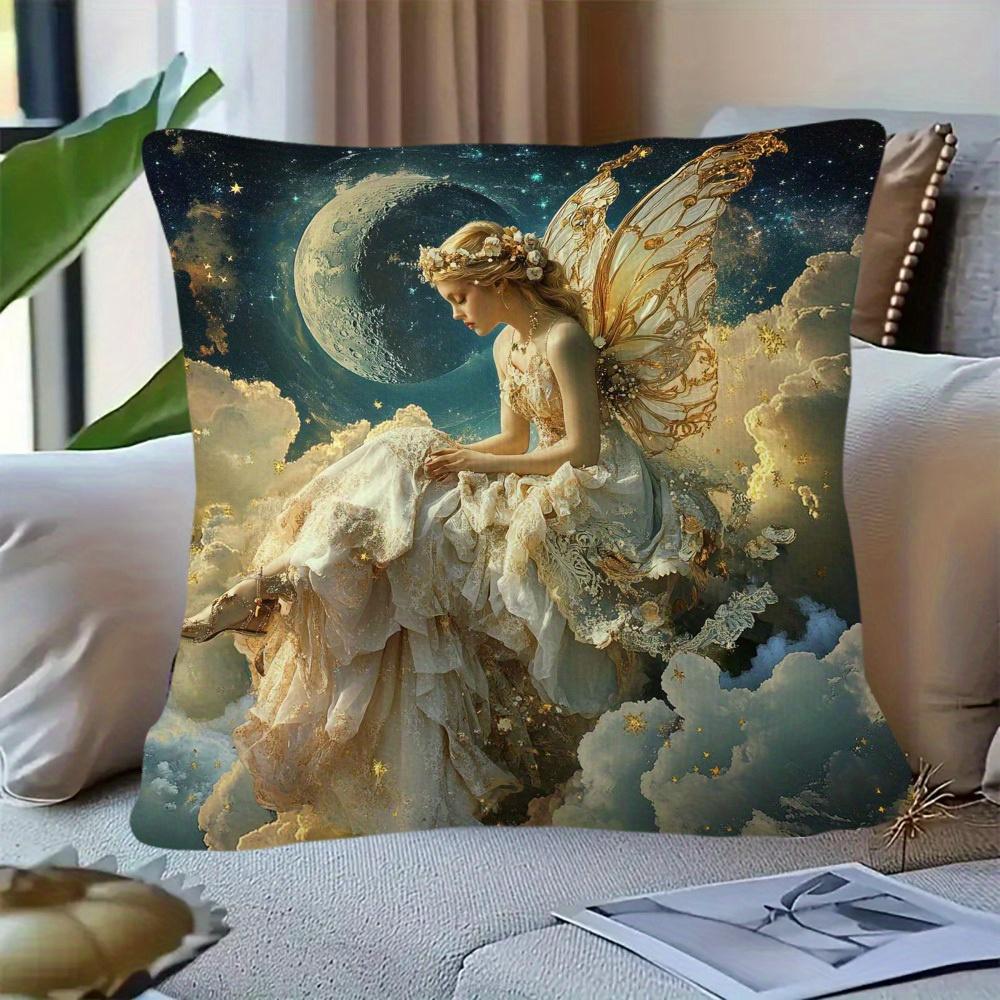 1pc Pillowcase, Humorous Sky Fairy Goddess Pillowcase, Single-Sided, Golden And Blue Moonlight Fantasy Design, 2D Flat Printing, Single-Sided Print (N