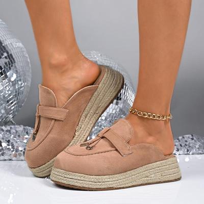 Sandalias de Mula Casual de Ante Rosa para Mujer Sandalias de Chanclas con Suela de Cáñamo Cuña Tacón Mujer 2025 Verano Bohemia Slip On Sandalias Talla Grande 42