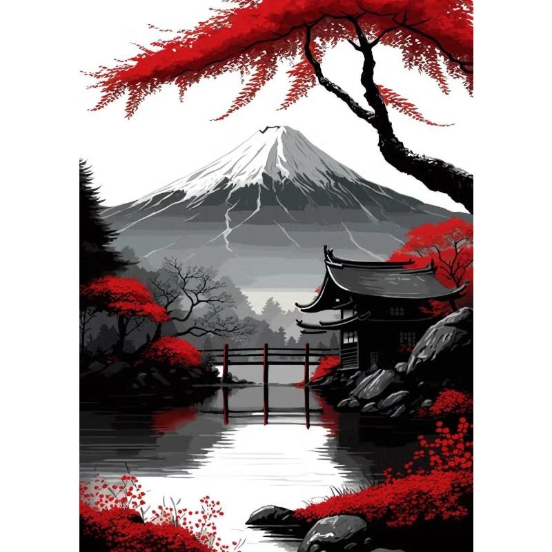 Leinwandmalerei Japanische Naturlandschaft Berg Tempel Leinwandposter Vintage Schwarz Rote Tuschekunst Wandkunst Drucke Heimdekor