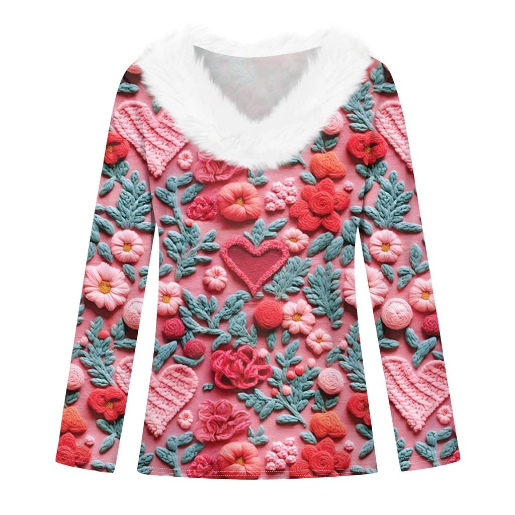 Dámské tričko s dlouhým rukávem a potiskem lásky na Valentýna, s výstřihem do V, ležérní volný top