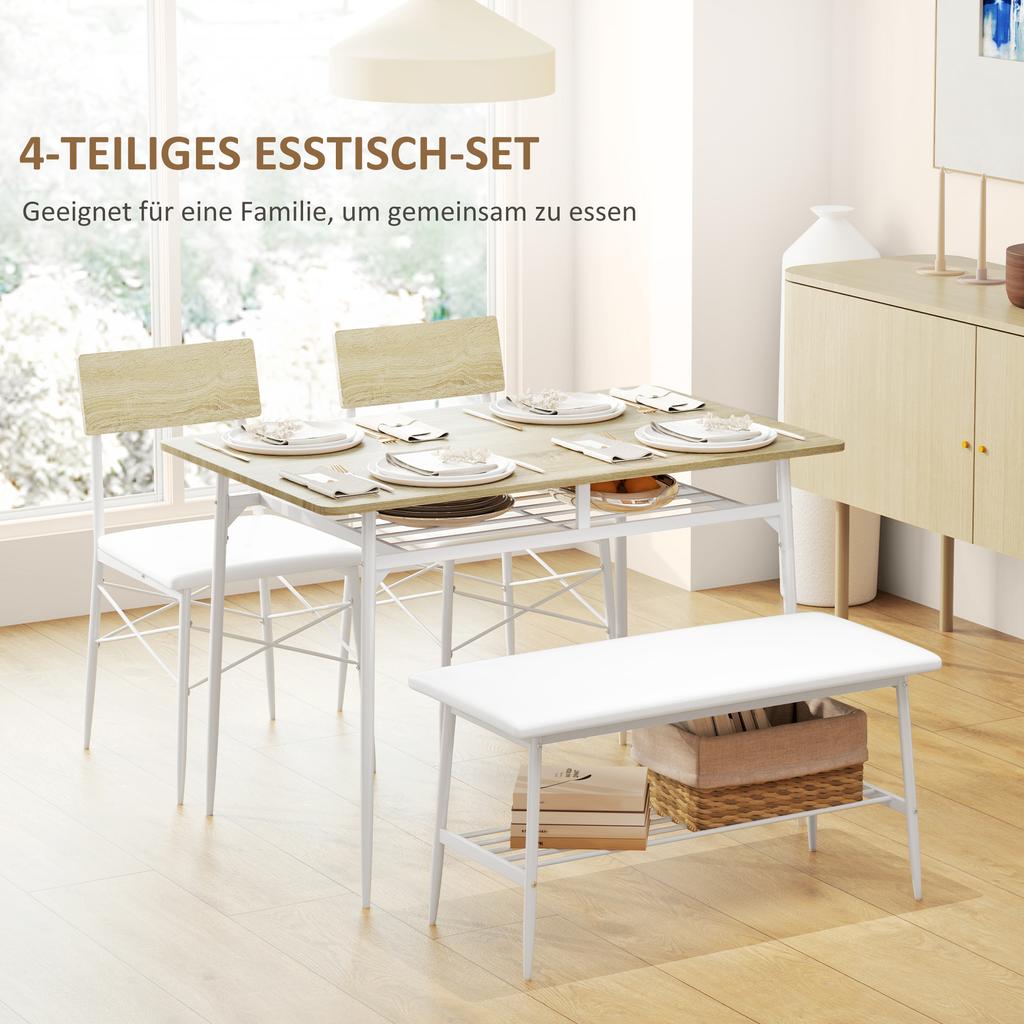 4-Piece Dining Table Set with Chairs and Bench for 4 People, Upholstered Seats, Steel Frame, Wood, Oak