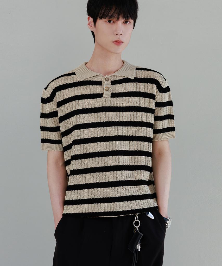 NODU Waffle Stripe Collar Crop Half Knit [Beige]