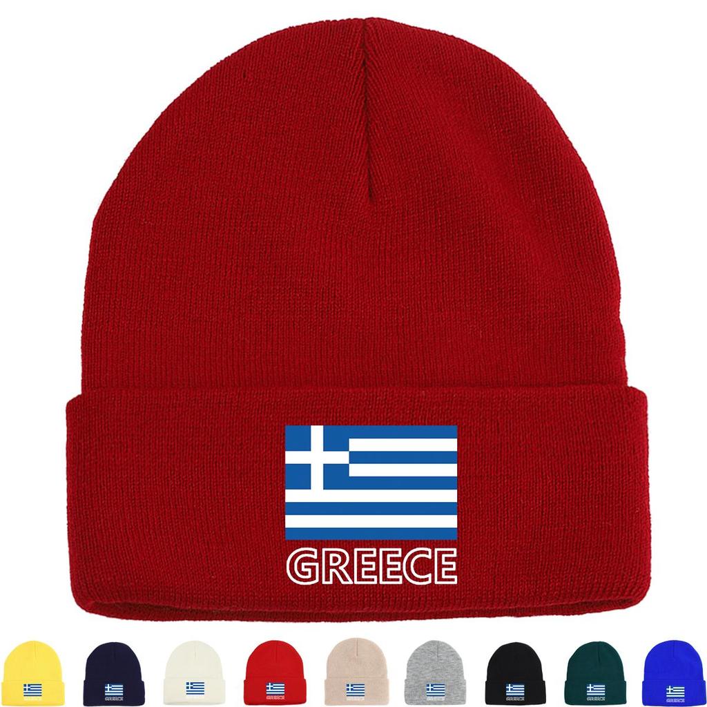 Flag of Greece Print Knitted Hat Beanie, Patriotic Skull Cap Candy Color Windproof Simple Bonnet Knit Cap Beanie