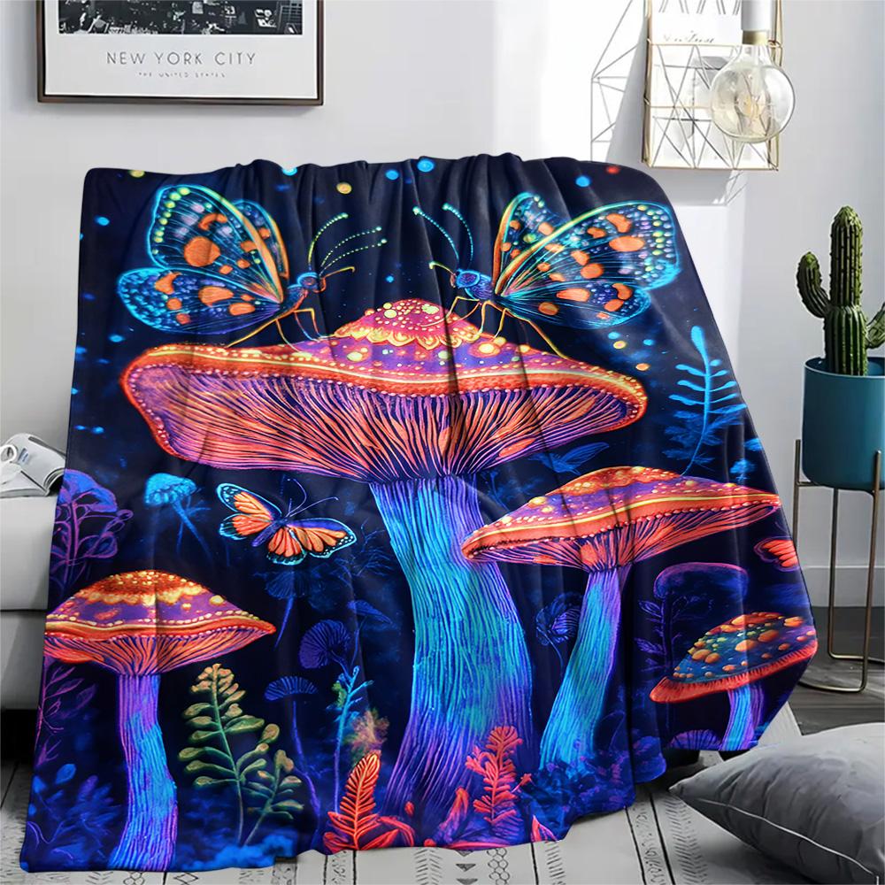 Mushroom Print Flannel Blanket, High quality Comfortable for All Seasons, Home Decor, Warmth and Comfort, Perfect for Christmas Gifts