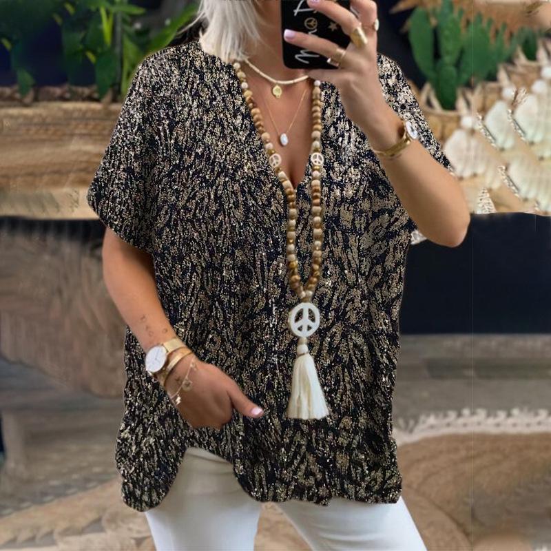 2025 Damski Miejski Casualowy T-shirt z Dekoltem V, Z Cekinami, Luźny Krój, Krótki Rękaw