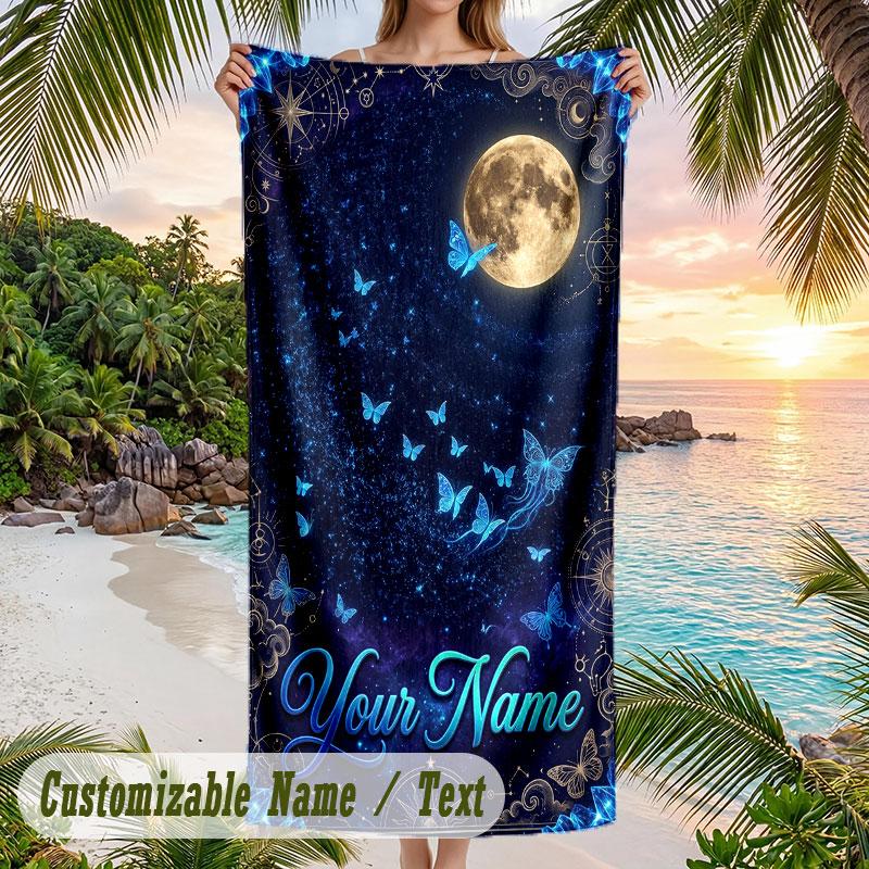 Night Sky Butterflies Moon Theme Quick Dry Beach Towel Custom Name Text Print Large Sand Resistant Towel Beach Vacation