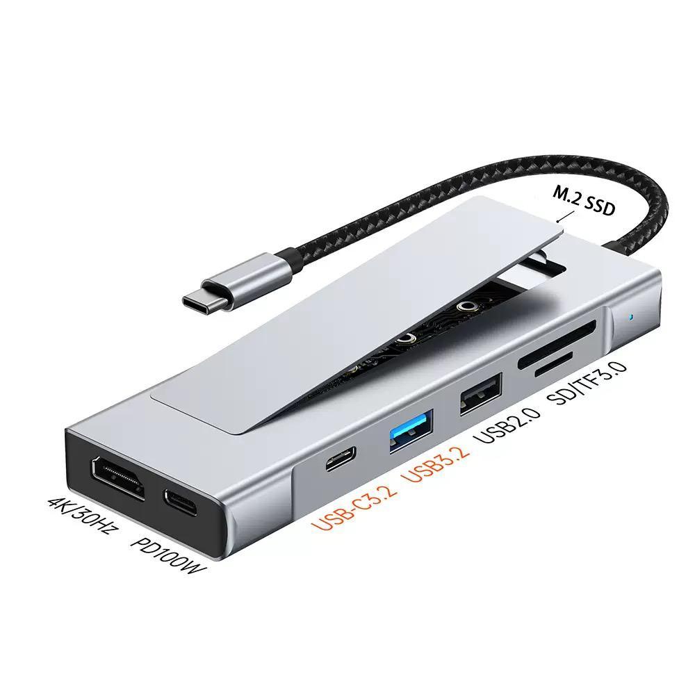 

8-in-1 USB Hub M.2 NVMe SATA SSD Enclosure Storage USB3.2 Type-c to HDMI-Compatible Laptop Dock Station USB Adapter For Macbook сірий колір