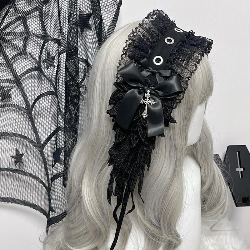 

Harajuku Gothic Lolita Cosplay Headwear Sweet Lovely Girl Subculture Wing Angel Lace Flounce Fold Headband Hair Accessories чёрный